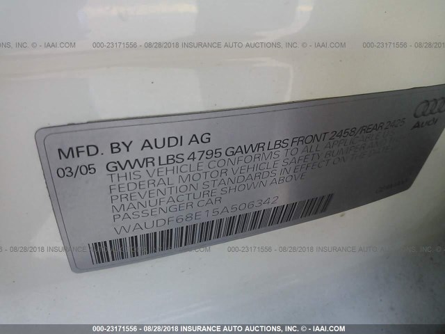 WAUDF68E15A506342 - 2005 AUDI A4 2.0T QUATTRO WHITE photo 9