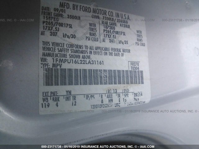 1FMPU16L22LA31161 - 2002 FORD EXPEDITION XLT SILVER photo 9