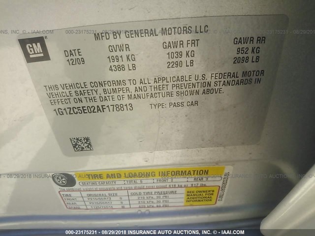 1G1ZC5E02AF178813 - 2010 CHEVROLET MALIBU 1LT SILVER photo 9