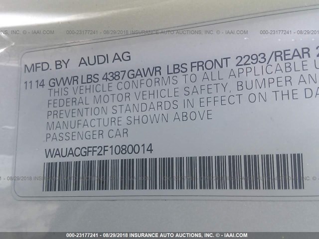 WAUACGFF2F1080014 - 2015 AUDI A3 PREMIUM SILVER photo 9