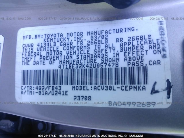 4T1BE32K42U057478 - 2002 TOYOTA CAMRY LE/XLE/SE TAN photo 9