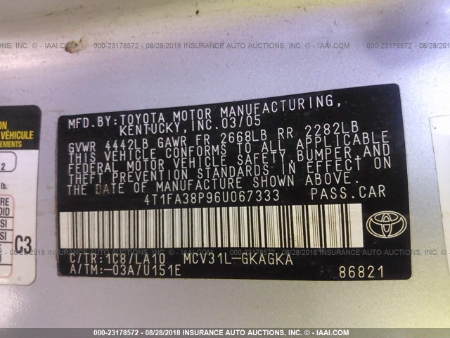 4T1FA38P96U067333 - 2006 TOYOTA CAMRY SOLARA SE/SLE ვერცხლისფერი ფოტო 9