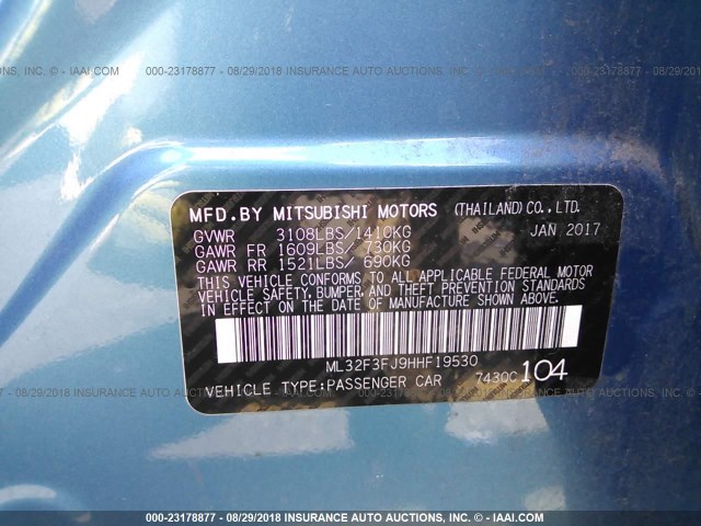 ML32F3FJ9HHF19530 - 2017 MITSUBISHI MIRAGE G4 ES ლურჯი ფოტო 9