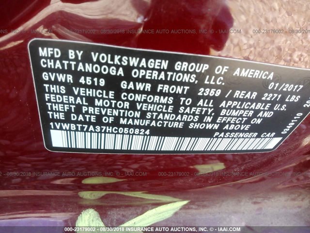 1VWBT7A37HC050824 - 2017 VOLKSWAGEN PASSAT SE RED photo 9