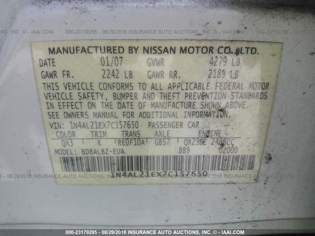 1N4AL21EX7C157650 - 2007 NISSAN ALTIMA 2.5/2.5S WHITE photo 9