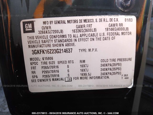 3GKFK16Z23G214637 - 2003 GMC YUKON XL K1500 GREEN photo 9