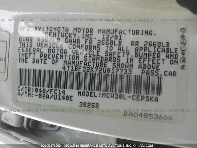 4T1BF32K72U017733 - 2002 TOYOTA CAMRY LE/XLE/SE WHITE photo 9