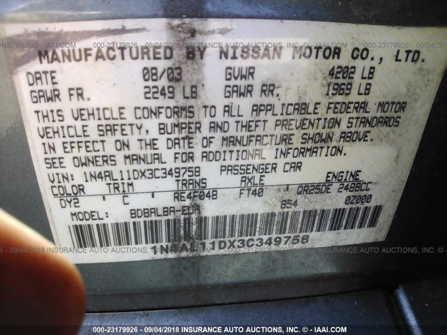 1N4AL11DX3C349758 - 2003 NISSAN ALTIMA S/SL GREEN photo 9