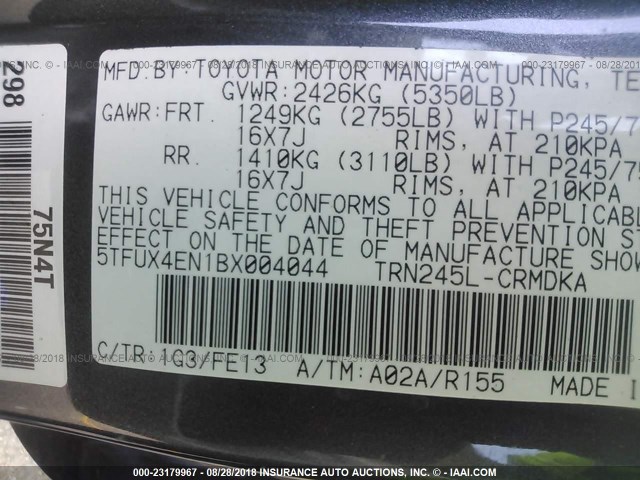5TFUX4EN1BX004044 - 2011 TOYOTA TACOMA ACCESS CAB ნაცრისფერი ფოტო 9