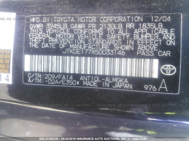 JTKDE177X50033146 - 2005 TOYOTA SCION TC 黑色 照片 9