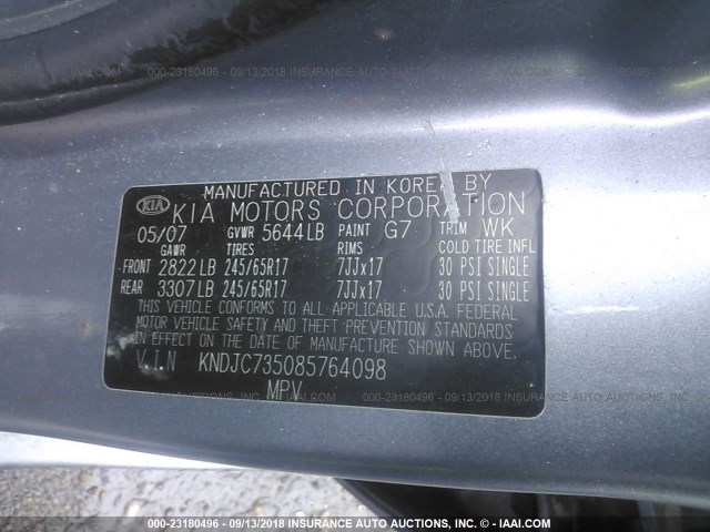 KNDJC735085764098 - 2008 KIA SORENTO EX/LX GRAY photo 9