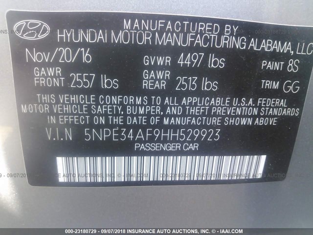 5NPE34AF9HH529923 - 2017 HYUNDAI SONATA SPORT/LIMITED SILVER photo 9