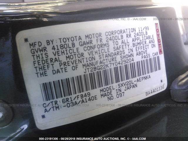 JT2BG22K7Y0429204 - 2000 TOYOTA CAMRY CE/LE/XLE GREEN photo 9