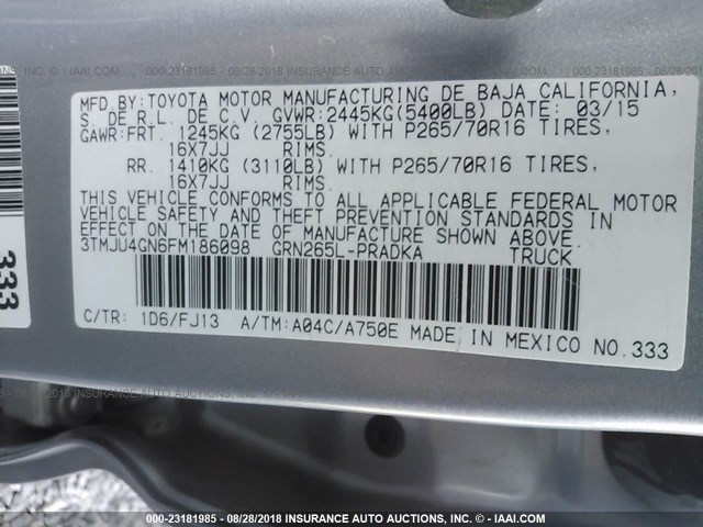 3TMJU4GN6FM186098 - 2015 TOYOTA TACOMA DOUBLE CAB PRERUNNER SILVER photo 9