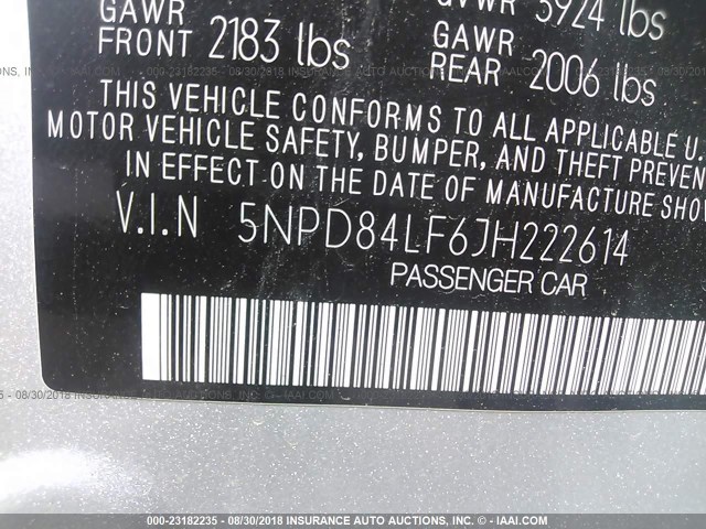 5NPD84LF6JH222614 - 2018 HYUNDAI ELANTRA SEL/VALUE/LIMITED SILVER photo 9