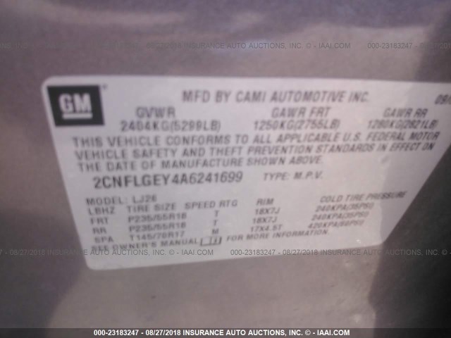 2CNFLGEY4A6241699 - 2010 CHEVROLET EQUINOX LTZ TAN photo 9