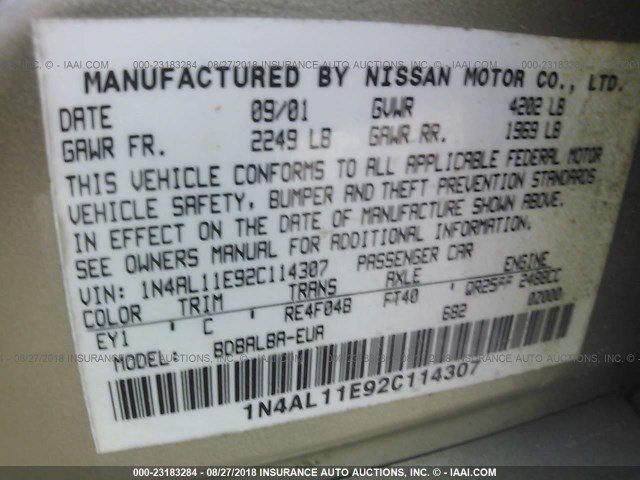 1N4AL11E92C114307 - 2002 NISSAN ALTIMA S/SL GOLD photo 9