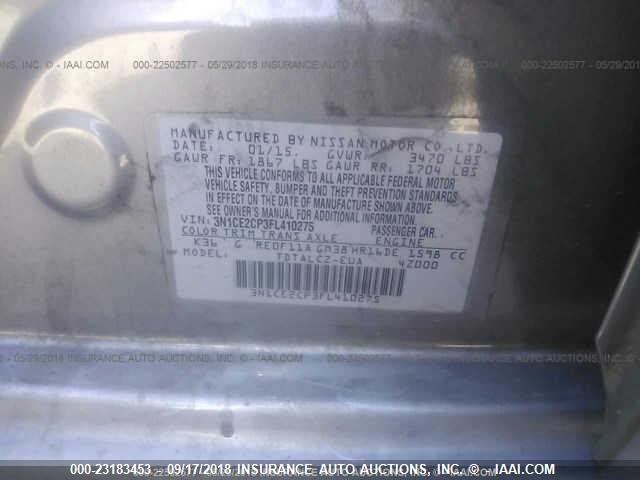 3N1CE2CP3FL410275 - 2015 NISSAN VERSA NOTE S/S PLUS/SV/SL/SR GRAY photo 9