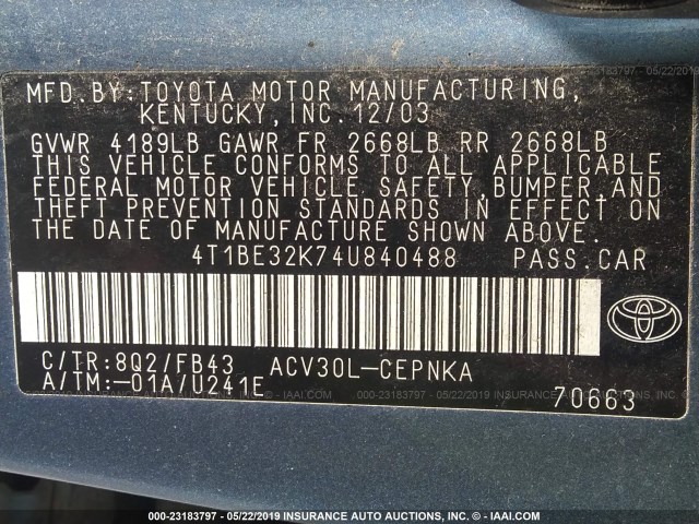 4T1BE32K74U840488 - 2004 TOYOTA CAMRY LE/XLE/SE BLUE photo 9