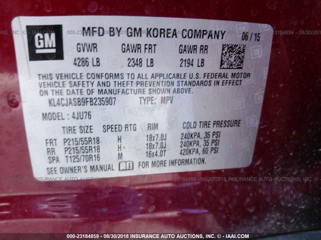 KL4CJASB9FB235907 - 2015 BUICK ENCORE RED photo 9