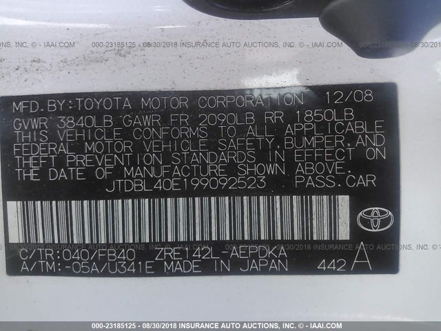 JTDBL40E199092523 - 2009 TOYOTA COROLLA LE/XLE WHITE photo 9