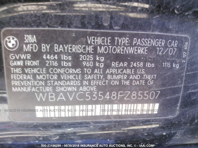 WBAVC53548FZ85507 - 2008 BMW 328 I SULEV BLACK photo 9