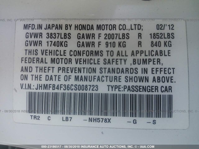 JHMFB4F36CS008723 - 2012 HONDA CIVIC HYBRID L WHITE photo 9