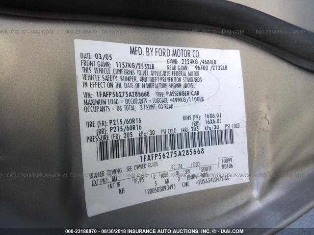 1FAFP56275A285668 - 2005 FORD TAURUS SEL GOLD photo 9