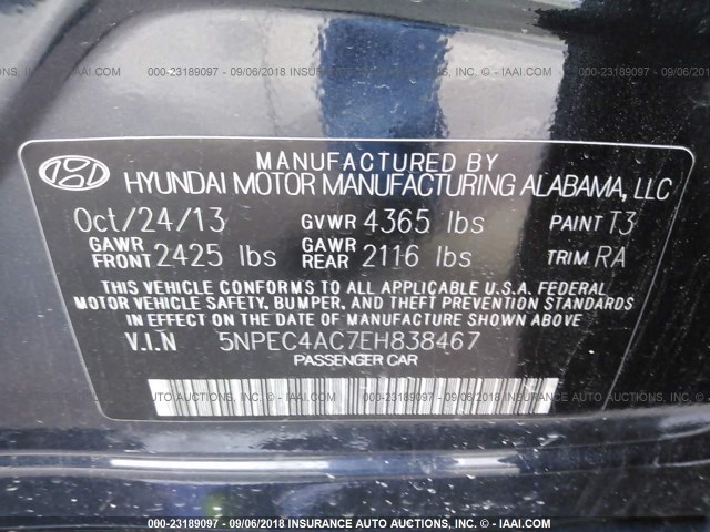 5NPEC4AC7EH838467 - 2014 HYUNDAI SONATA SE/LIMITED Dark Blue photo 9