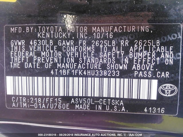 4T1BF1FK4HU338233 - 2017 TOYOTA CAMRY LE/XLE/SE/XSE BLACK photo 9