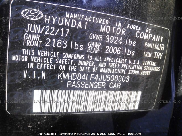 KMHD84LF4JU508303 - 2018 HYUNDAI ELANTRA SEL/VALUE/LIMITED 黑色 照片 9