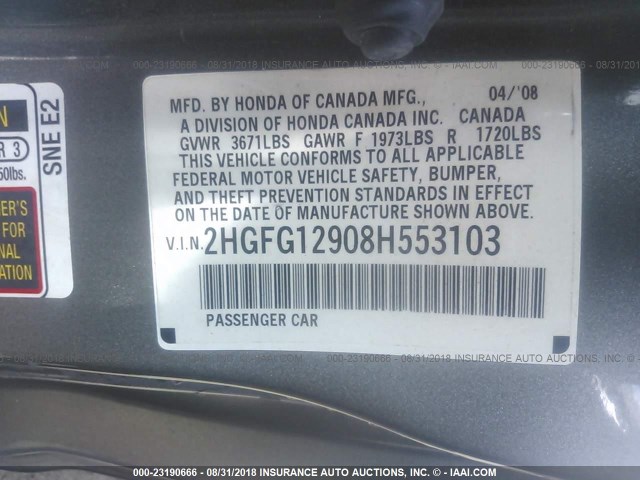 2HGFG12908H553103 - 2008 HONDA CIVIC EXL GRAY photo 9