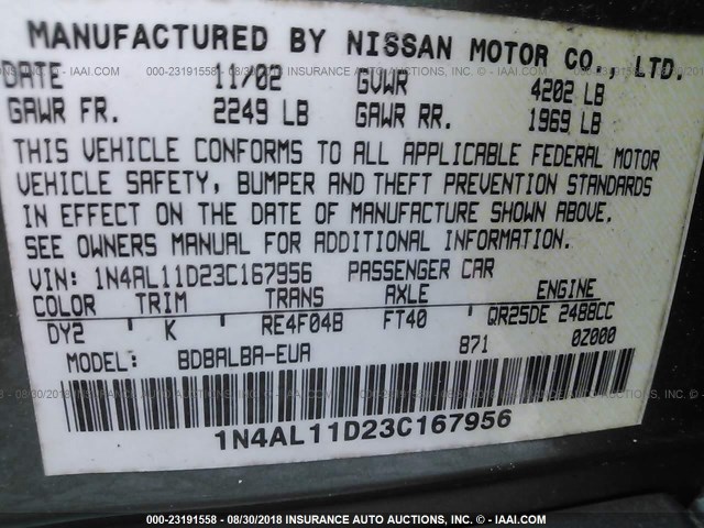 1N4AL11D23C167956 - 2003 NISSAN ALTIMA S/SL GREEN photo 9