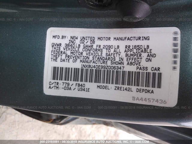 1NXBU40E99Z006347 - 2009 TOYOTA COROLLA S/LE/XLE GREEN photo 9