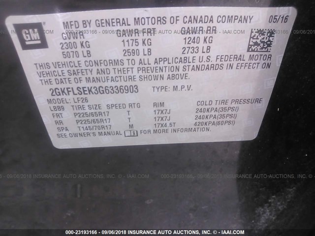 2GKFLSEK3G6336903 - 2016 GMC TERRAIN SLE BLACK photo 9