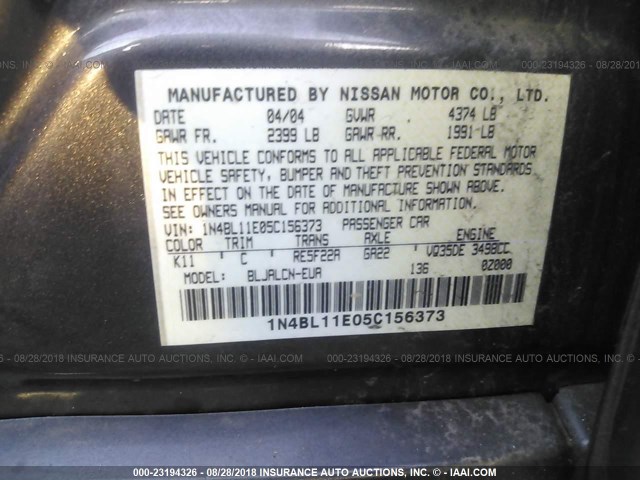 1N4BL11E05C156373 - 2005 NISSAN ALTIMA SE/SL/SE-R GRAY photo 9