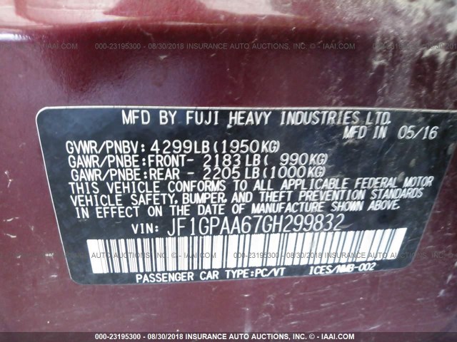 JF1GPAA67GH299832 - 2016 SUBARU IMPREZA MAROON photo 9