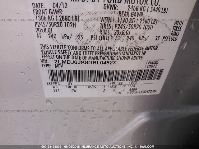 2LMDJ6JK8DBL04523 - 2013 LINCOLN MKX SILVER photo 9