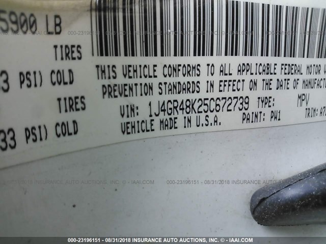 1J4GR48K25C672739 - 2005 JEEP GRAND CHEROKEE LAREDO/COLUMBIA/FREEDOM 白色 照片 9