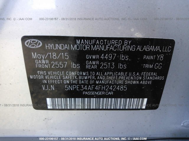 5NPE34AF4FH242485 - 2015 HYUNDAI SONATA SPORT/LIMITED SILVER photo 9