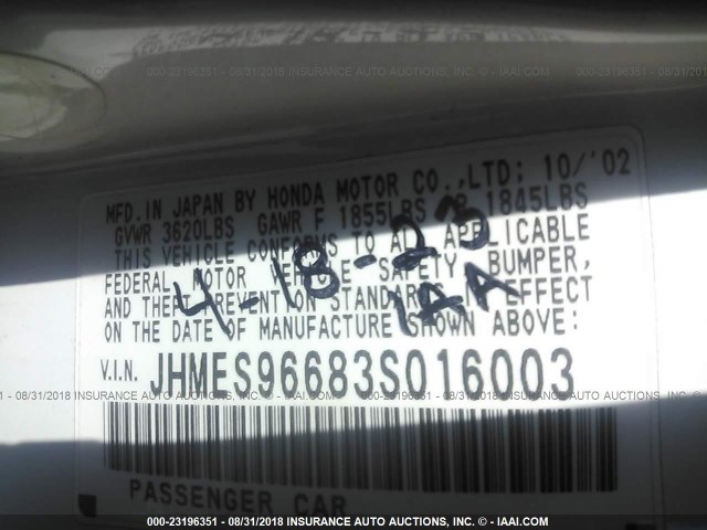 JHMES96683S016003 - 2003 HONDA CIVIC HYBRID WHITE photo 9