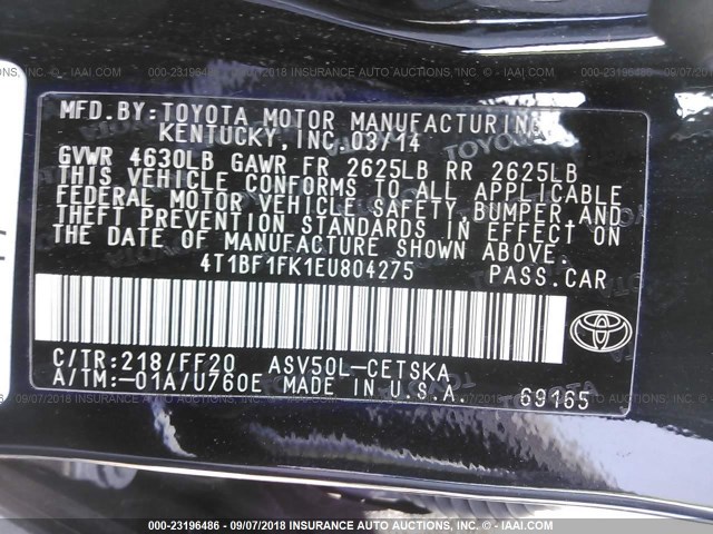 4T1BF1FK1EU804275 - 2014 TOYOTA CAMRY L/SE/LE/XLE შავი ფოტო 9
