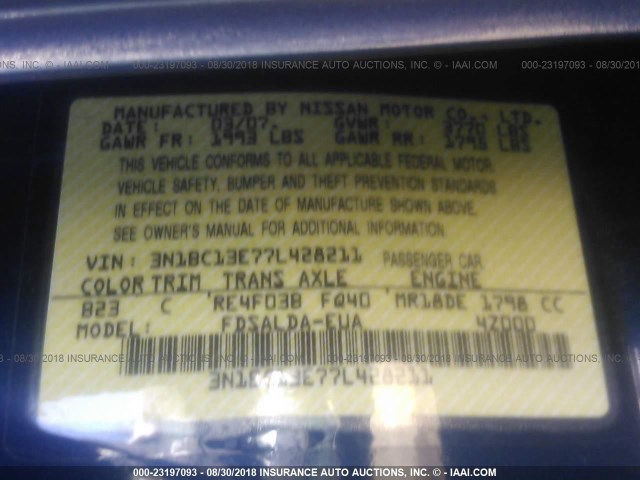 3N1BC13E77L428211 - 2007 NISSAN VERSA S/SL BLUE photo 9