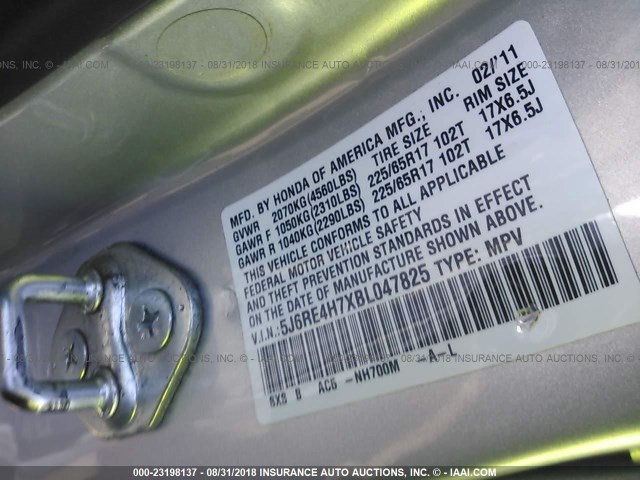 5J6RE4H7XBL047825 - 2011 HONDA CR-V EXL SILVER photo 9