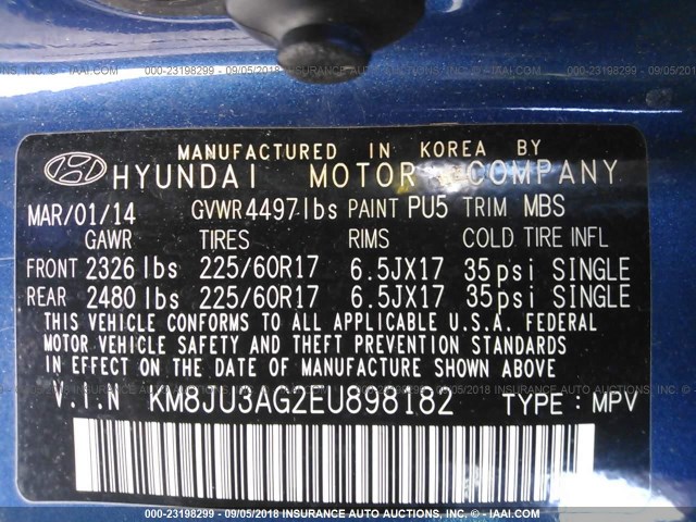 KM8JU3AG2EU898182 - 2014 HYUNDAI Tucson GLS/LIMITED/SE BLUE photo 9