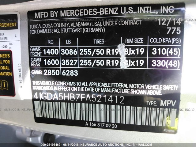 4JGDA5HB7FA521412 - 2015 MERCEDES-BENZ ML 350 4MATIC SILVER photo 9