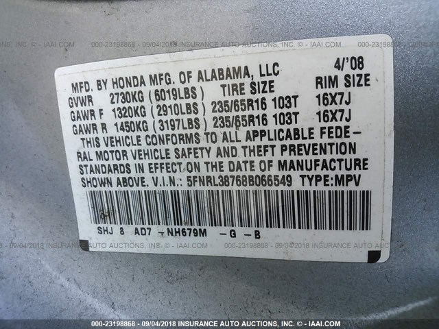 5FNRL38768B066549 - 2008 HONDA ODYSSEY EXL GRAY photo 9