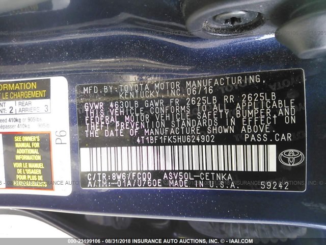 4T1BF1FK5HU624902 - 2017 TOYOTA CAMRY LE/XLE/SE/XSE Dark Blue photo 9