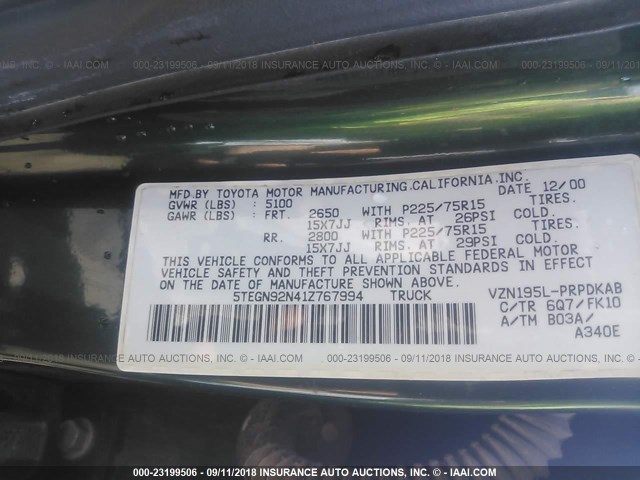 5TEGN92N41Z767994 - 2001 TOYOTA TACOMA DOUBLE CAB PRERUNNER GREEN photo 9