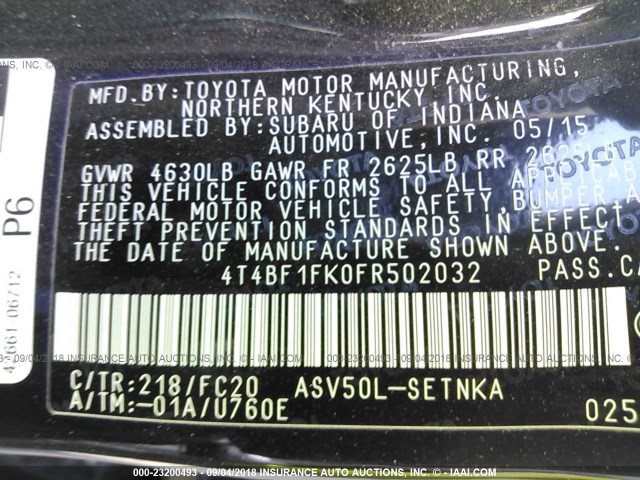 4T4BF1FK0FR502032 - 2015 TOYOTA CAMRY LE/XLE/SE/XSE BLACK photo 9